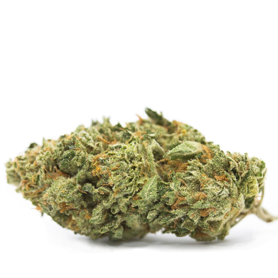 A close-up of a dried cannabis bud with green trichomes and orange pistils on a plain white background.