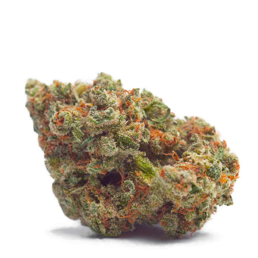 A close-up image of a cannabis bud with a mix of green, purple, and orange hues, indicating a dense, trichome-rich surface.