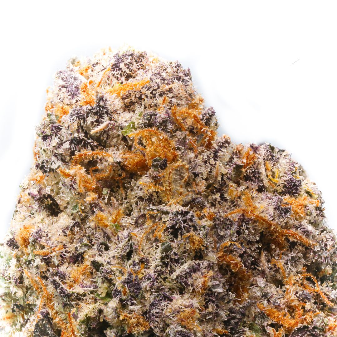 Close-up of a cannabis bud with orange trichomes on a white background